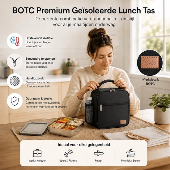 Vrouw met zwarte BOTC lunchtas, met flesje drinken en voedselcontainer. Ideaal voor werk, sport, reizen en picknick.
