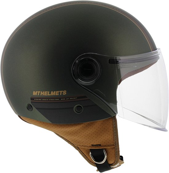 Donkergroene helm met bruine accenten, dubbele strepen en een doorzichtig vizier.