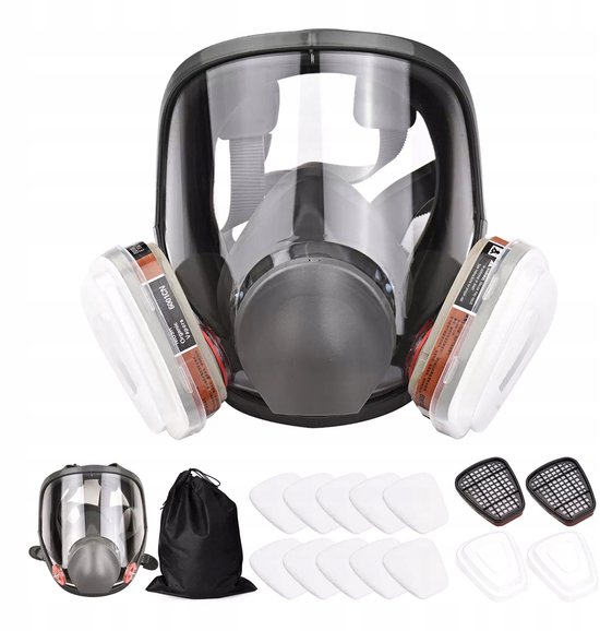 Volledig gezichtsmasker met twee witte filters, opbergzak en extra filters.