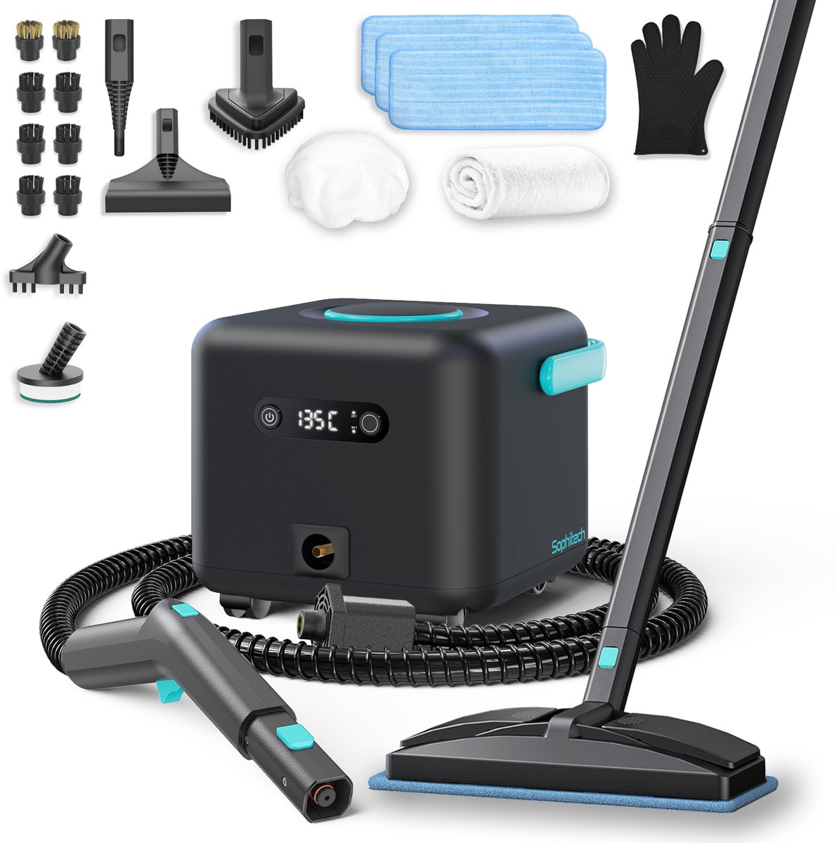 Sophitech Stoomreiniger - 2600W - 30s Opwarmtijd - 4 Bar Krachtige Stoom - 2.5L Watertank - 140°C Dieptereiniging - Handstomer & Vloerstomer - Inclusief 20 Accessoires