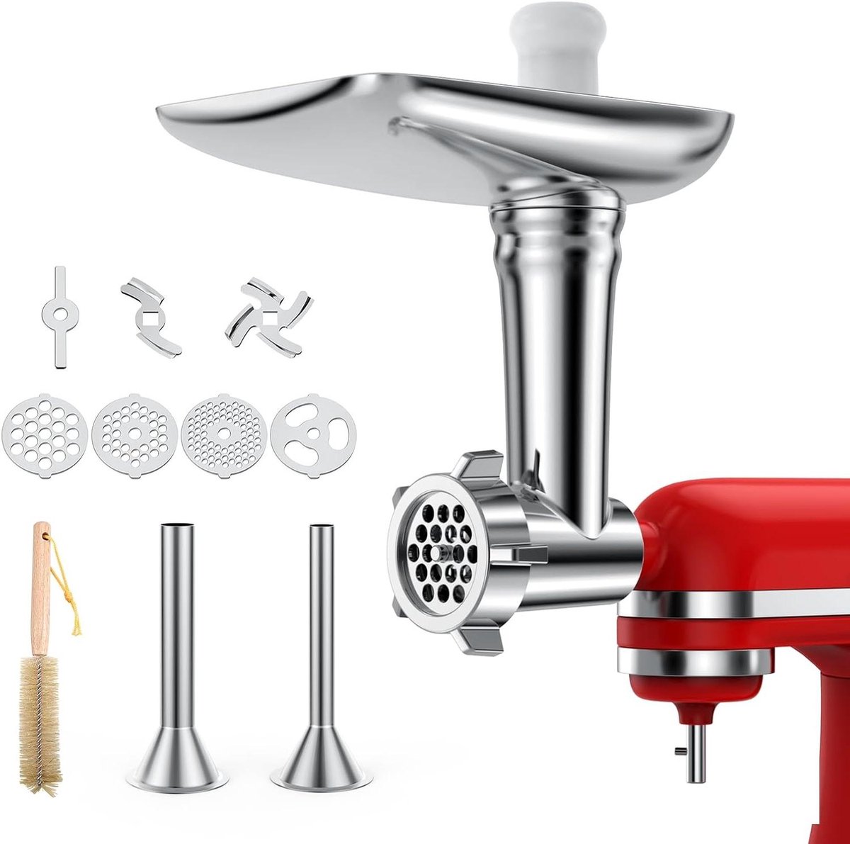 Vleesmolen Opzetstuk Keukenmachine Accessoire Zelf Worst Maken 4 Maalschijven 2 Vulbuizen 1200 Gram Zilver