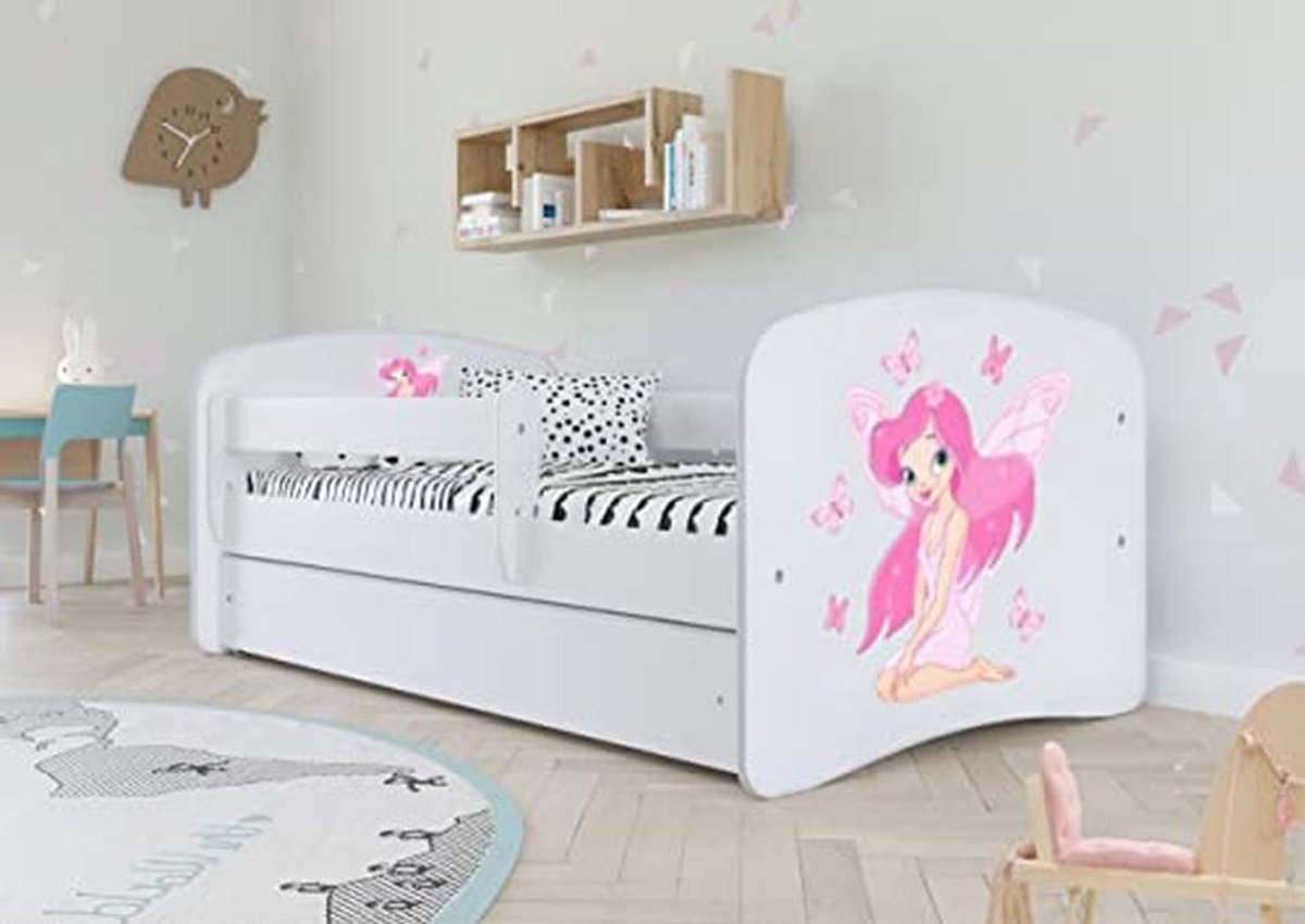 Kinderbed tienerbed - Jongens meisjesbed - Veilig slapen - Verstelbare valbescherming - 70x140 80x160 - Wit fee vlinders