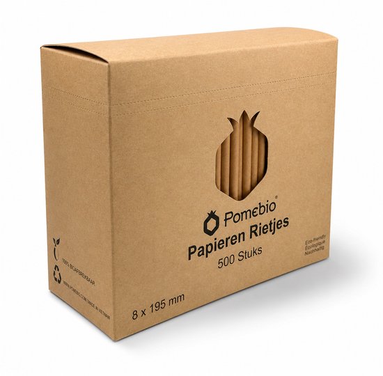 Doos Pomebio papieren rietjes, kraft, 500 stuks, 8x195 mm.