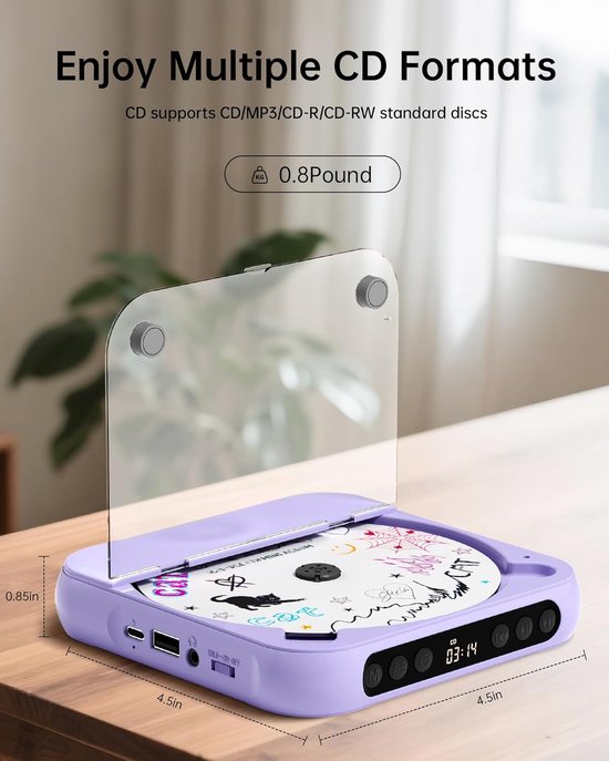 Draagbare cd-speler met dubbele stereoluidsprekers - oplaadbare draagbare cd-speler met Bluetooth voor thuisgebruik, inclusief hoofdtelefoon, ondersteunt cd/aux/usb, paars — afbeelding 2