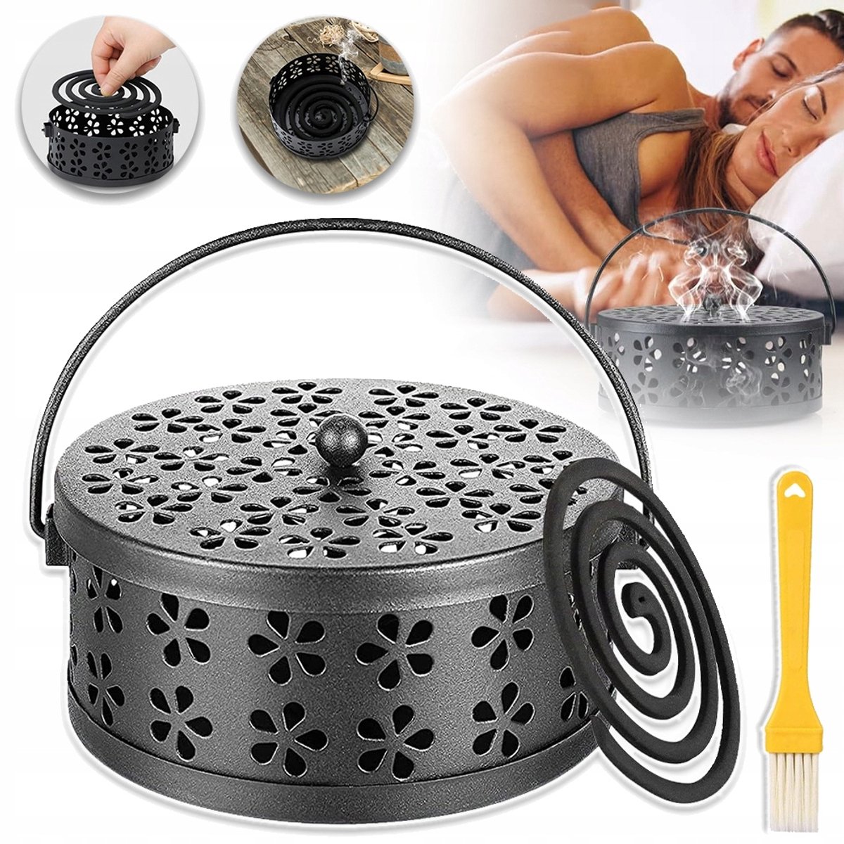 Houder Voor Muggenspiralen - Draagbare Houder Voor Muggenspiralen - Houder Voor Wierookstokjes - Wierookhouder Van Sandelhoutkleurig Metaal - Verplaatsbare Houder Voor Muggenspiralen Met Reinigingsborstel