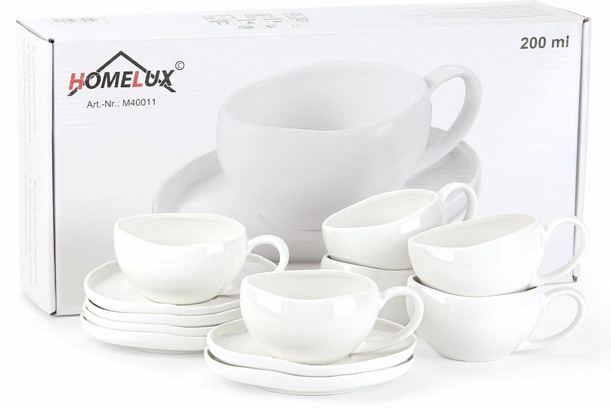 Homelux Cappuccino kopjes - 200 ml koffiekopjes met schoteltjes - Koffieservies voor 6 personen - Cappuccino kopjes - Keramische koffiemok voor koffieliefhebbers - Cappuccino, latte, americano en thee - Wit