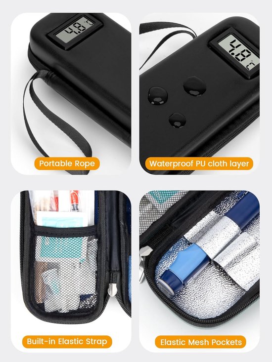 Insuline Koeltas met 2 Koelelementen - Met °C Temperatuurweergave - Diabetes Koeltas - Insulinepennen koeltas - Diabetische Reistas - Insuline Etui - Koelbox - Koeltasje Voor Op Reis - Koeltas voor Insulinespuit - Koelt Medicatie 6-8 uur lang - Zwart — afbeelding 4