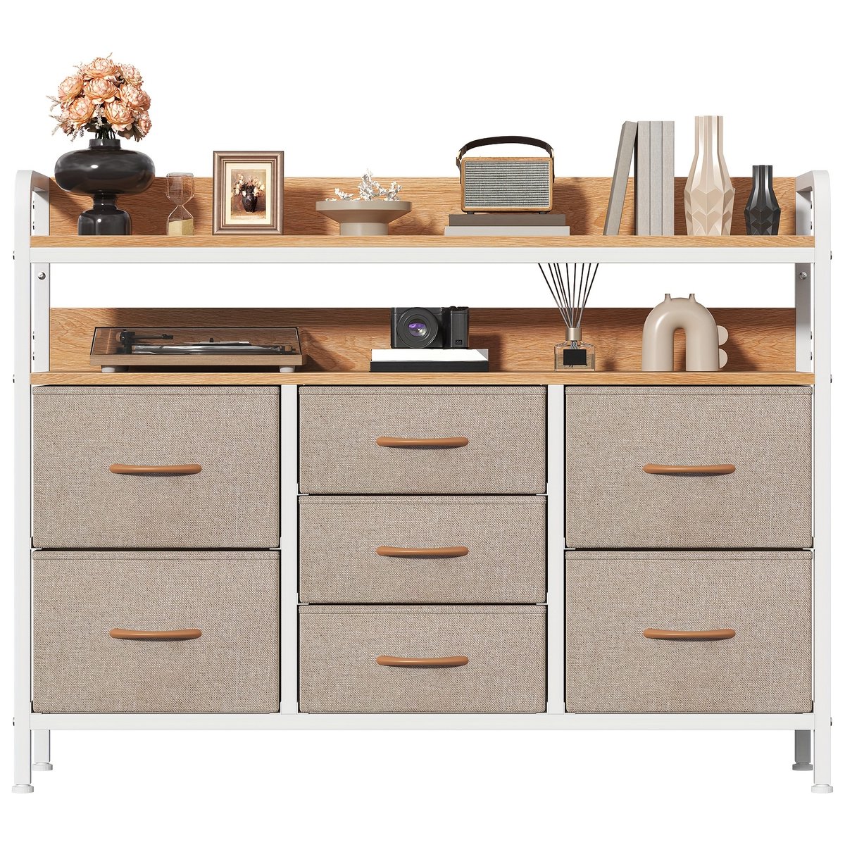CINK Living® Ladekast met 7 Stoffen Lades - Opbergkast met Houten Bovenblad en Stalen Frame - Dressoir voor Slaapkamer, Woonkamer en Hal - Khaki