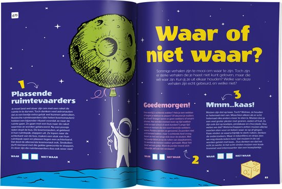Quest Junior pagina over ruimtevaartmythes met een astronaut die een maanballon vasthoudt.
