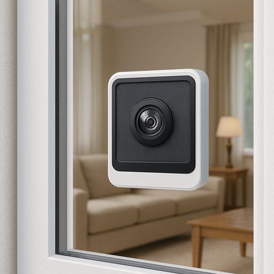 Witte vierkante raamcamera met zwarte voorzijde, gemonteerd op een glazen raam met uitzicht op een woonkamer.