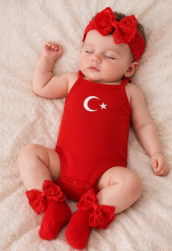 Slapende baby in rood rompertje met Turkse vlag, rode haarband en sokjes met strikjes.