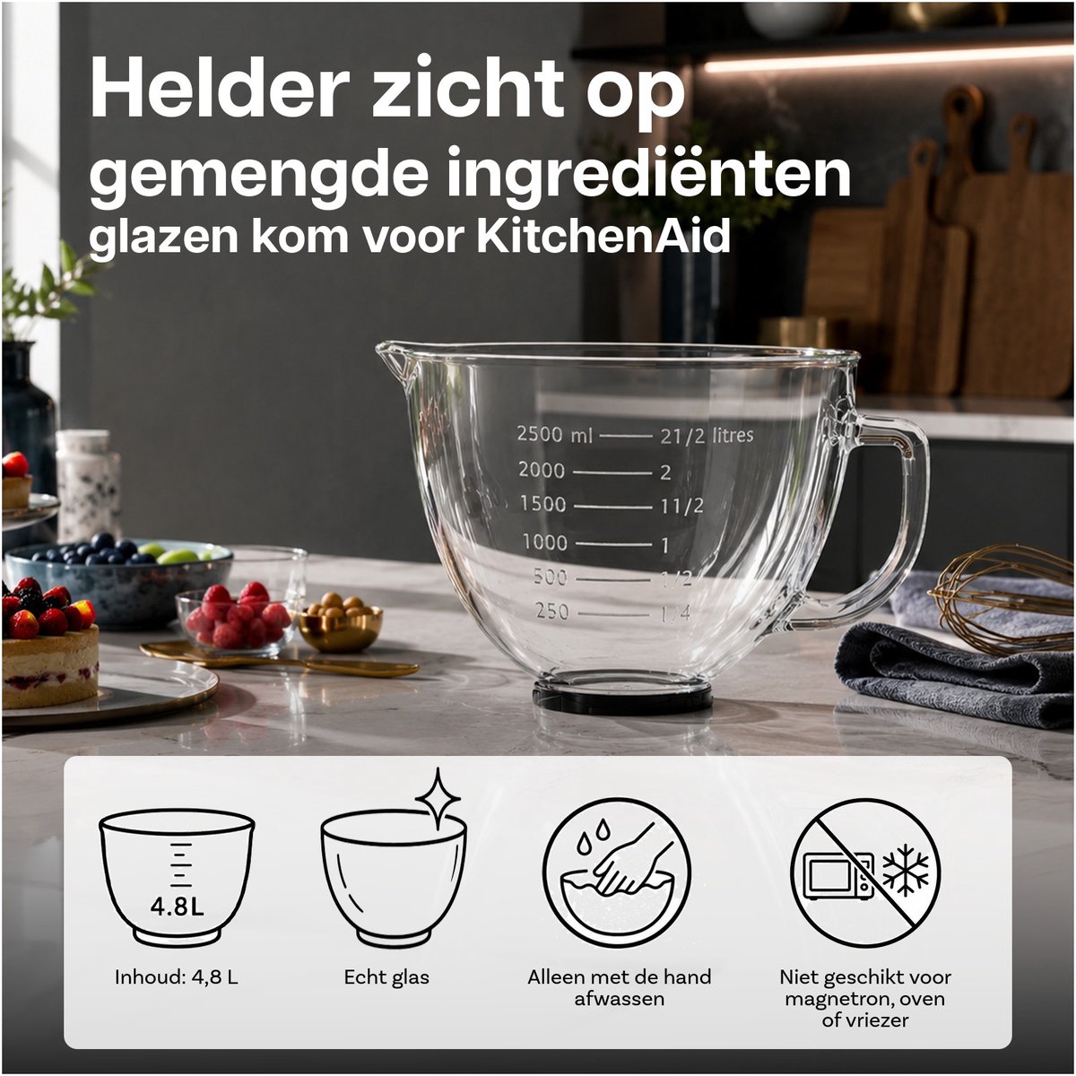 Glazen Mengkom voor KitchenAid 4.3, 4.7/4.8L Tilt-Head Stand Mixer Artisan & Classic Serie van MMOBIEL – 4.8L Glazen Kom met Handvat, Schenktuit & Maataanduiding – Enkel Handwas thumbnail 2