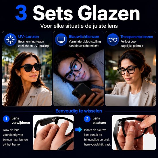 Vosoi Smart Bril met Camera - AI Smart Glasses - Slimme Bril met 8MP Camera - Ai bril - 3 Sets glazen - Inc. Oplaadhoes - Spycam - Spy Camera WiFi met App — afbeelding 3