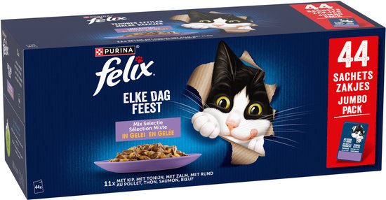 Felix Elke Dag Feest in Gelei Mix Selectie - Kattenvoer Natvoer - Tonijn Zalm Rund & Kip - 44 x 85 g
