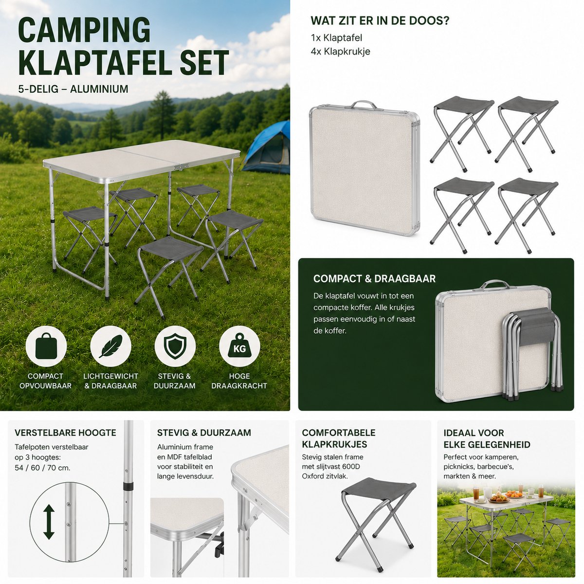 Kynast Camping Klaptafel Set - 5-delig - Aluminium - Tafel met 4 Krukjes