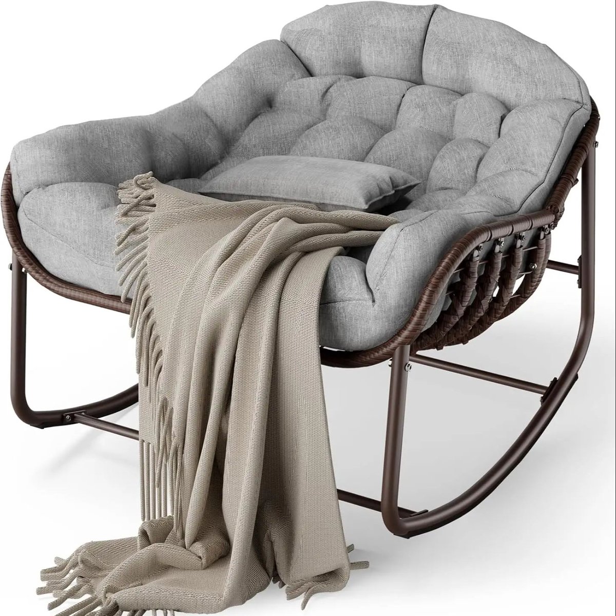 Jently schommelstoel - moderne wicker - loungestoel - fauteuil - oversized - met dik kussen - voor buiten en binnen - grijs