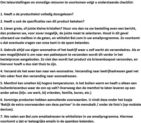 Nederlandse tekst over het voorkomen van vertragingen en onnodige retouren, met tips voor het kiezen van kristallen en leveringsadressen.