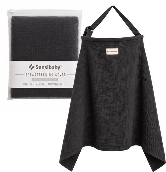 Een zwarte Sensibaby borstvoedingsdoek, ook in verpakking.