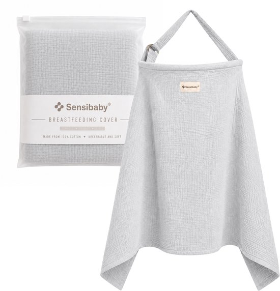 Grijze Sensibaby borstvoedingsdoek van 100% katoen, in verpakking en als draagdoek.
