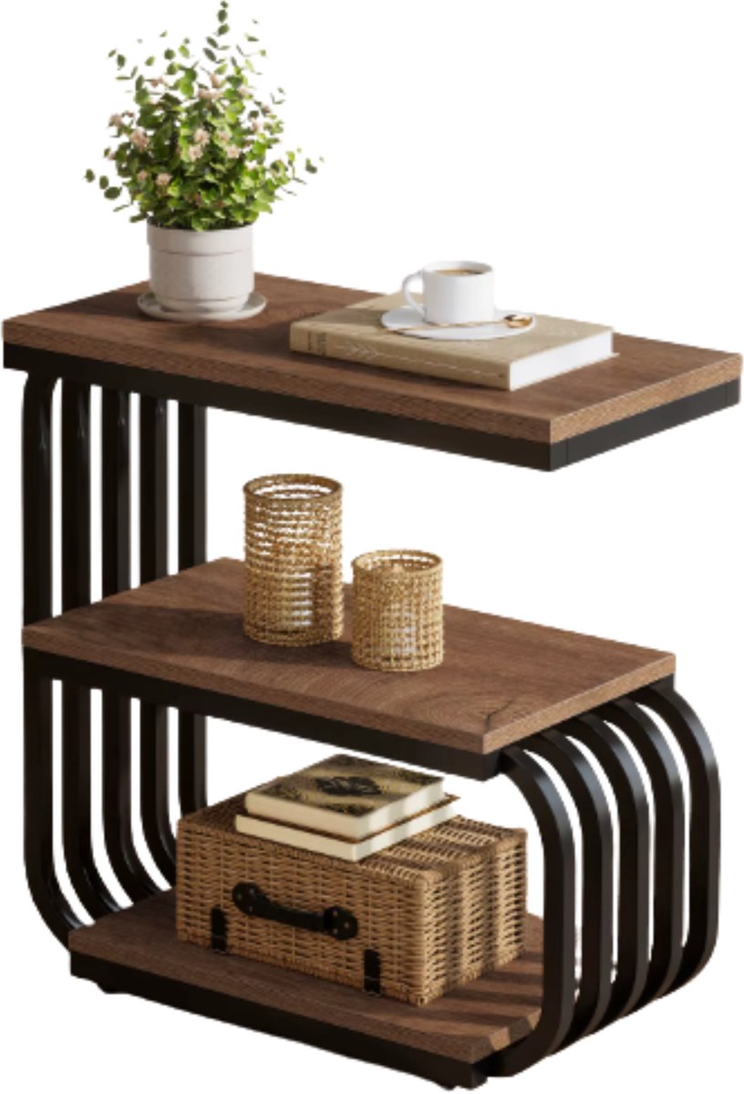 Stervia Bijzettafel - Salontafel - Nachtkastje - Stevig Metalen Frame - 3 Laags - Draagvermogen 50 Kg - Verstelbare Poten - 65 x 35 x 65 cm Bruin