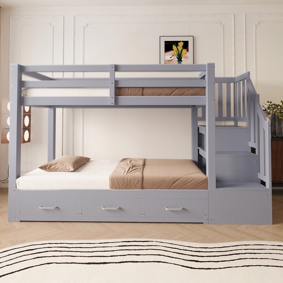 VVBV Stapelbed 90x200 en 180x190 – Kinderstapelbed met Uitschuifbed, Opbergruimte en Lades – Hout – Grijs – Lattenbodem – Voor Kinderen en Tieners Gray