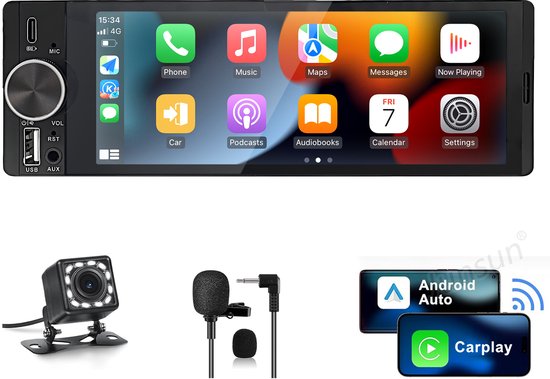 Hexinex - 1DIN Carplay Autoradio - 6.36 inch scherm - met Draadloze Carplay Android Auto - USB/USB-C - Achteruitrijcamera