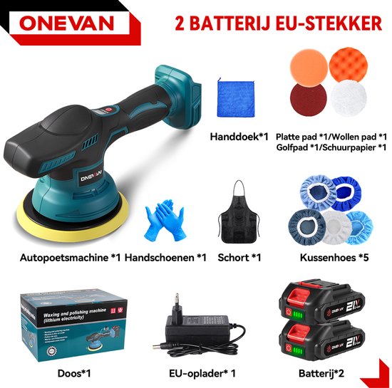 Complete set van de ONEVAN polijstmachine met 2 batterijen, oplader, accessoires zoals pads, handschoenen en schort.