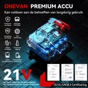 Gedetailleerde illustratie van de 21V accu met beveiligingsfuncties, certificeringen en informatie over compatibiliteit.