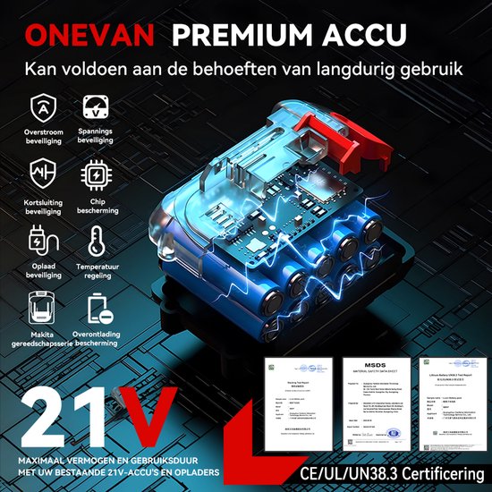 Gedetailleerde illustratie van de 21V accu met beveiligingsfuncties, certificeringen en informatie over compatibiliteit.