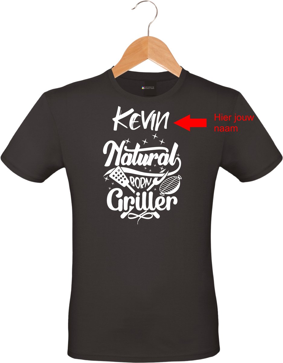 Mijncadeautje - Barbecue T-shirt - unisex - zwart - BBQ - Garden party - Tuinfeest - Vrijgezel - Verjaardag - Natural born griller - met voornaam - maat M