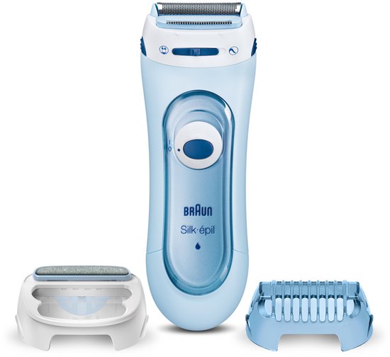 Lichtblauwe Braun Silk-épil Lady Shaver met drie opzetstukken, waaronder een trimmer.