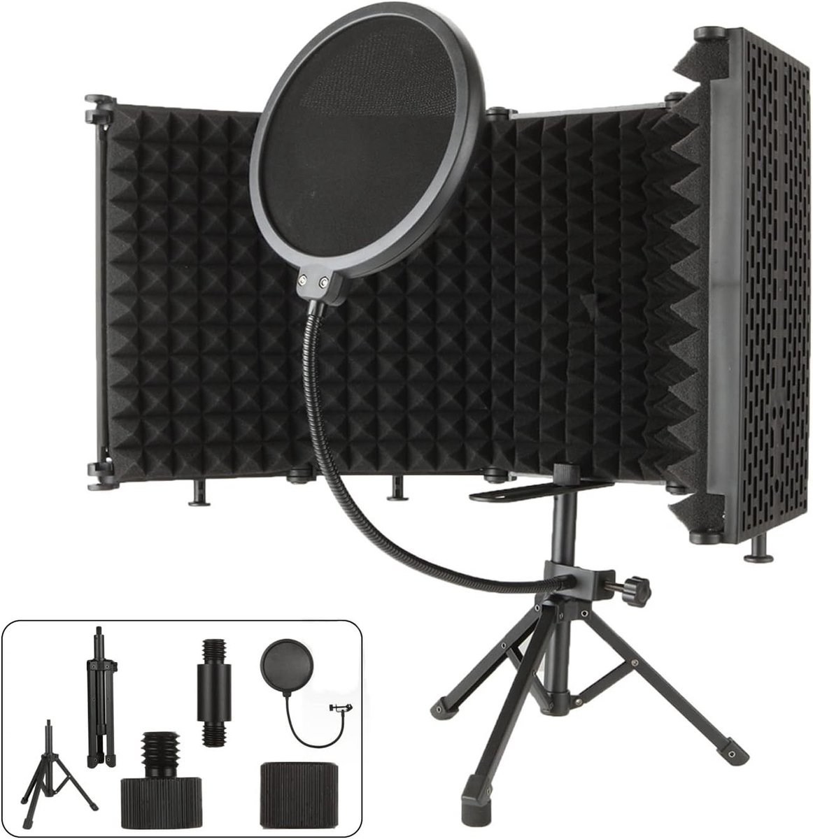 Vouwbaar Microfoon Isolatiescherm met Popfilter en Statief, Geluidsbescherming met 5 Schuimpanelen voor Optimale Akoestiek en Winddemping, Zwart