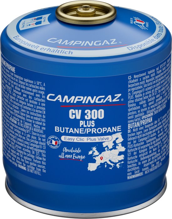 Campingaz CV 300 Plus gascartouches, blauw met witte en rode teksten. Kliksysteem, 240 gram butaan/propaan.