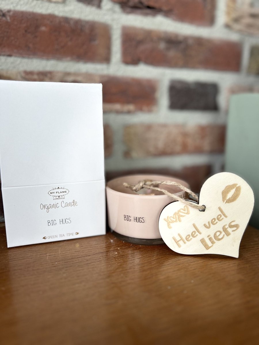 Creaties van hier Flessenpost kaars met houten hartje - Big hugs