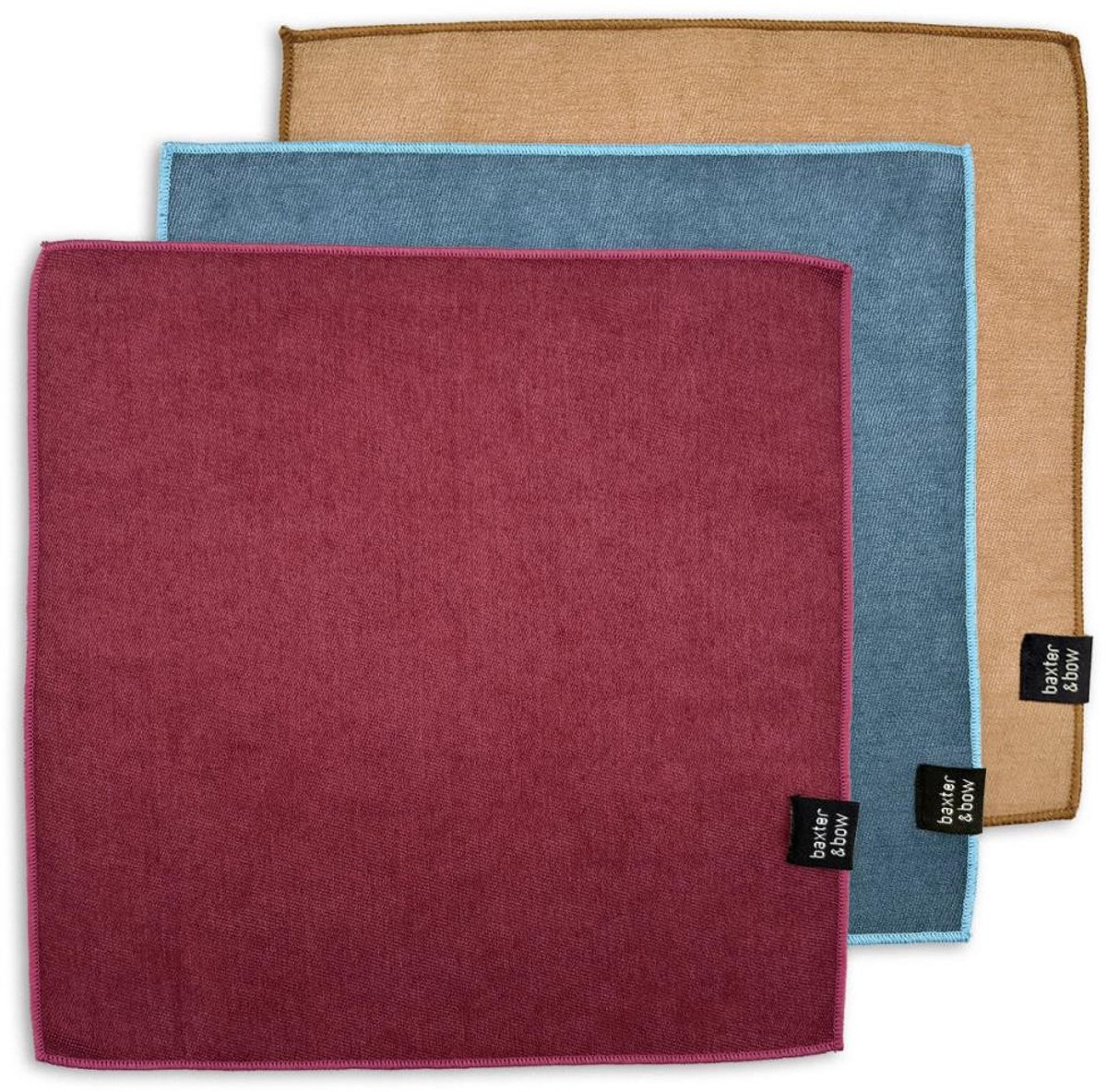Baxter & Bow - Pochet Set Heren - 3 Stuks - Bordeaux Zand Denimblauw - Gentle touch