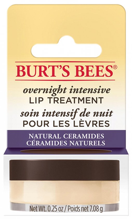 Burt's Bees Overnight Intensive Lip Treatment doosje met potje, in het Engels en Frans.