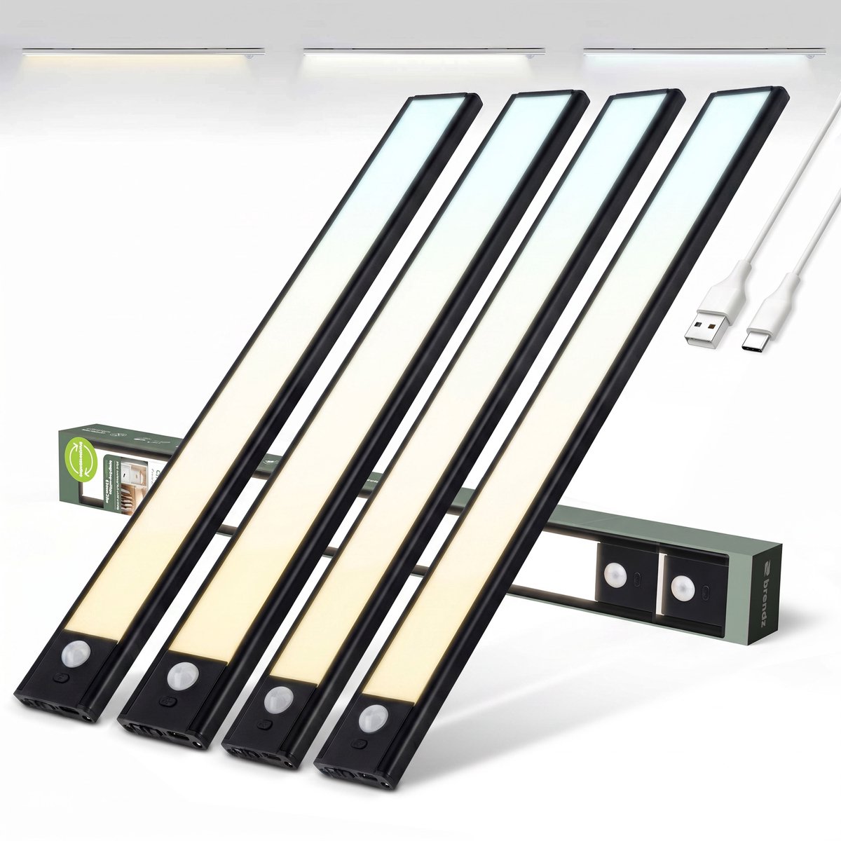 Brendz Keukenverlichting Onderbouw LED, Onderbouwverlichting, 4 x 40cm, USB-C Oplaadbare Led-Strip, 2200mAh, 3 Kleurtemperaturen, Dimbaar, Magnetisch, Keukenverlichting Draadloos, Kastverlichting, Puyo Zwart