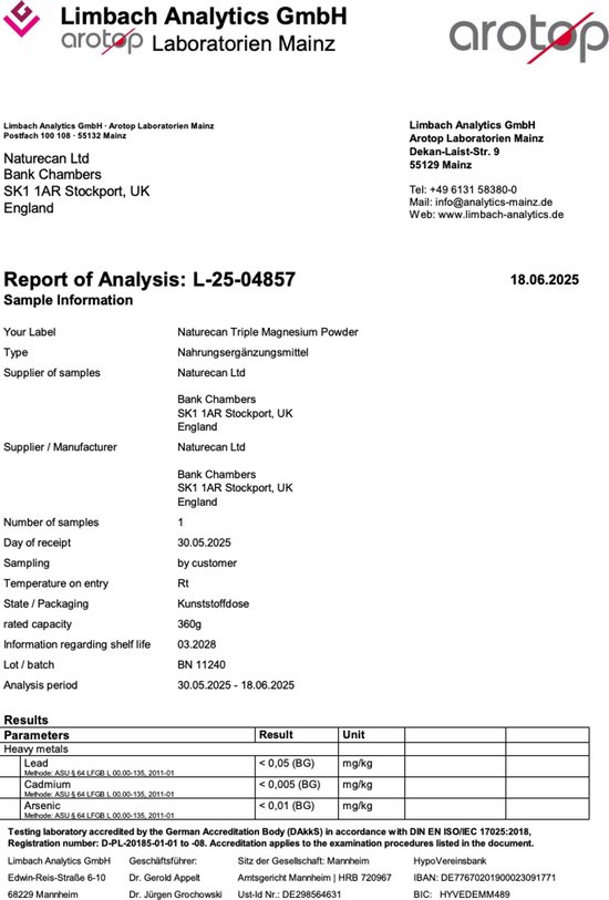 Certificaat van analyse voor Naturecan Triple Magnesium Poeder. Bevat informatie over zware metalen en arsenicum.