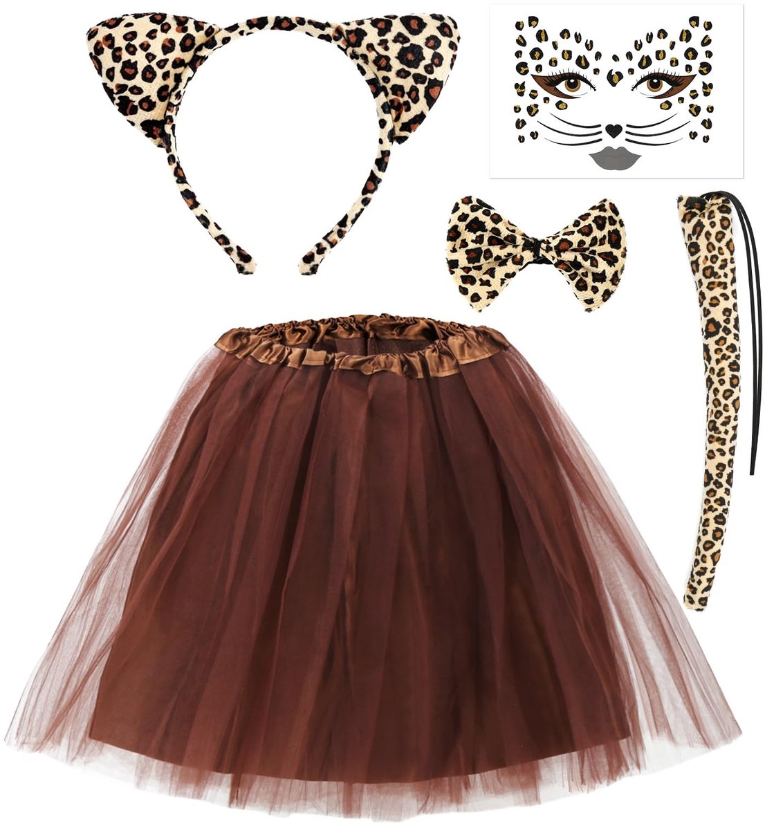 Dailygoods - Dailygoody - Luipaardkostuumset - Dierenkostuum - Carnaval - Bruin - Cosplay - Inclusief oren, strikje, tattoo en rok - Voor volwassenen