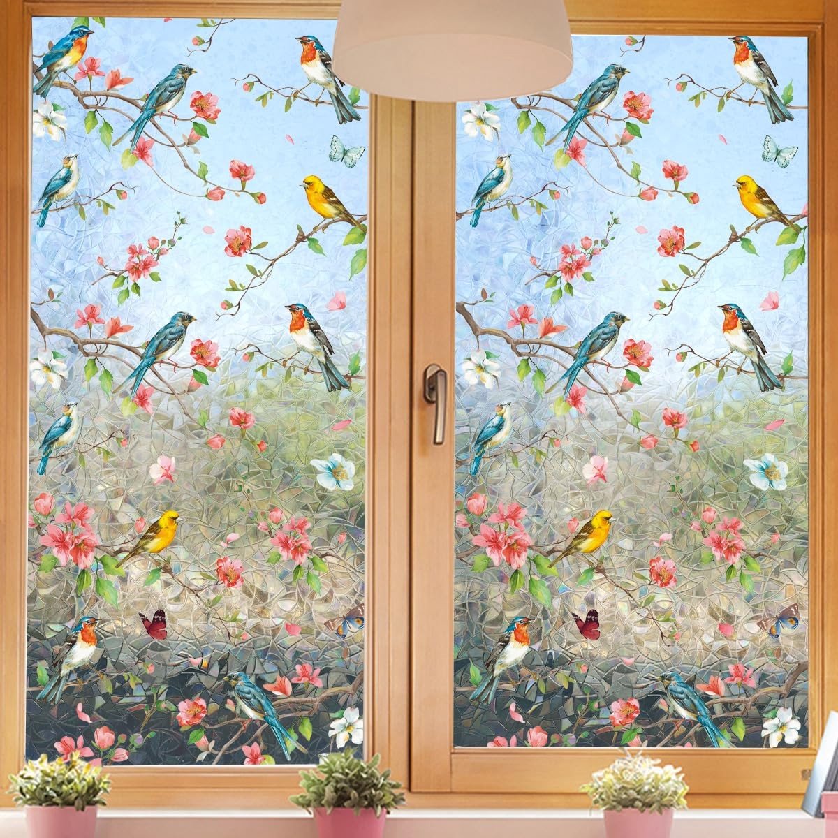 Cosensi- Raamfolie Anti Inkijk 98% Privacybescherming - Glas in Lood - Bloemen/Vogels - De