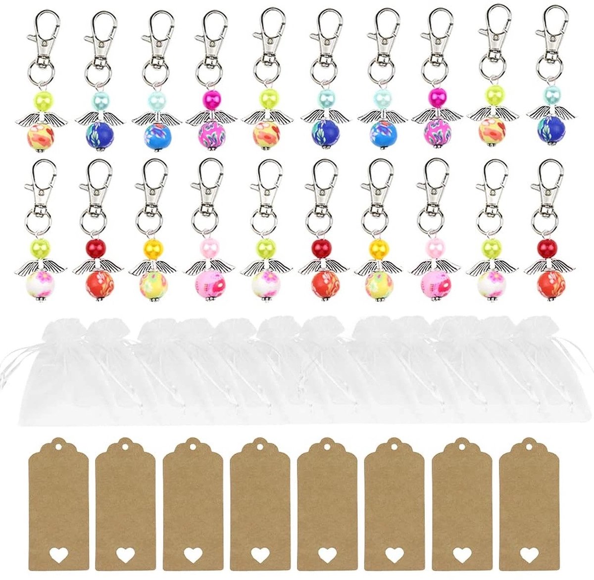 NTH products- Sleutelhanger Engel - 24 Stuks Huwelijkscadeaus - Organza Zak - Beschermengel - Teruggeefgeschenken - Koordgebonden Sleutelhanger - Trouwcadeau