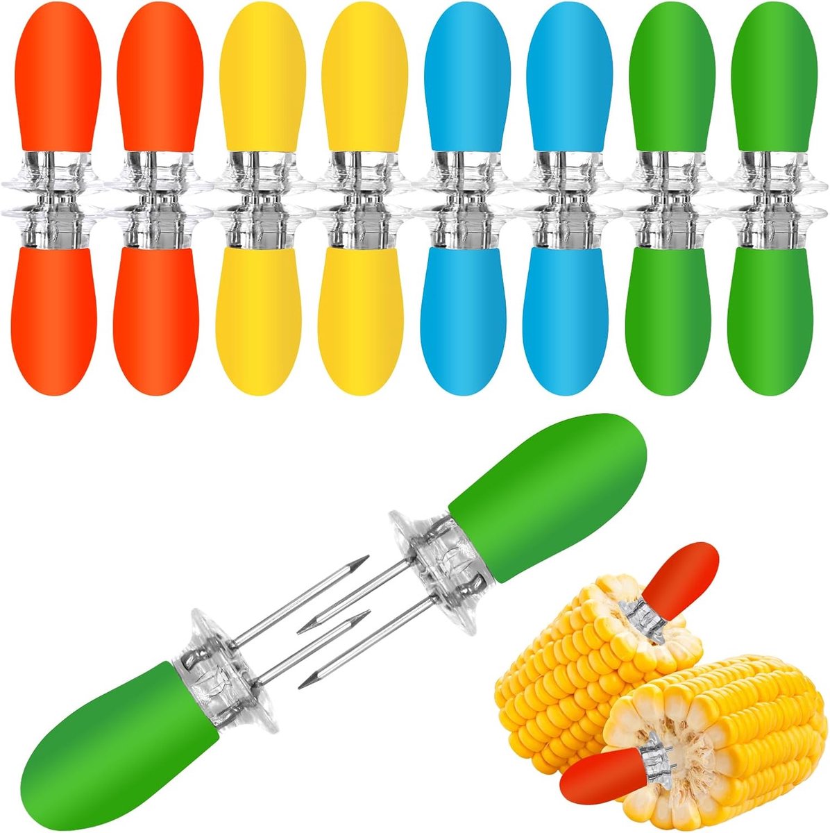 Maishouders - 16 stuks/8 paar - Mais Prikkers - Mais Vorken - BBQ - Spiesen - Groetenhouder - vaatwasbestendig - Voorkom dat handen brandt en vies wordt - Voor barbecue, thuis koken, feestjes en kamperen - Oranje+Geel+Blauw+Groen