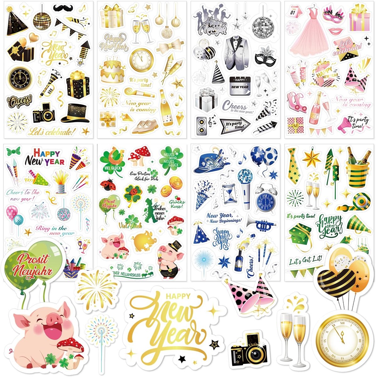 Dailygoods- Nieuwjaarsstickers 2025 - 8 Vellen - Geluksstickers - Klaverblad/Geluksvarken - Zelfklevend - Nieuwjaarsdecoratie