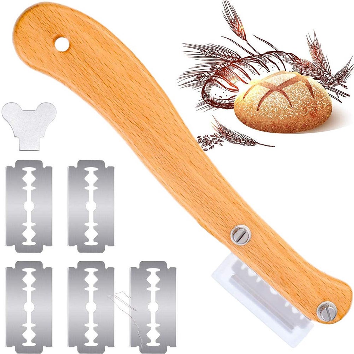 Dailygoods- Bakkersmes met Houten Handvat - 5-delige Messenset - Broodsnijder - Deegsnijmes - Kunststof Beschermhoes - Gemakkelijk te Reinigen - Broodmes