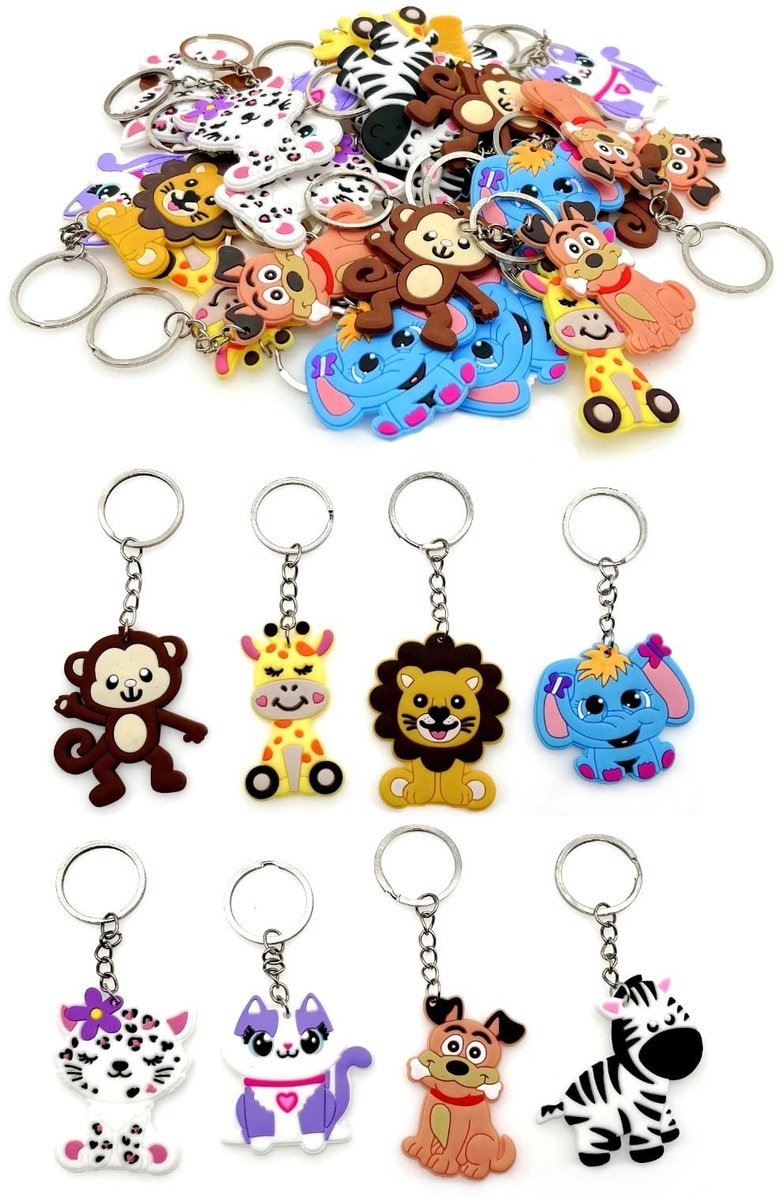 Dailygoods- Sleutelhangers Dieren 32 Stuks - Siliconen Sleutelhangers - Goedkope Weggevertjes - Verjaardagsfeestjes - Goodiebags - Geschikt voor Kinderen - Feestgadgets