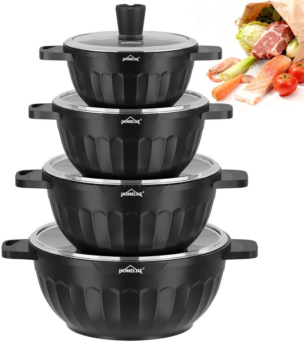 Homelux 8-Delige Inductie Pannenset met Glazen Deksels - Stapelbare Kookpannen 20-32 cm, Aluminium Antiaanbaklaag - PFOA-Vrij - Geschikt voor Inductie - Gas & Elektrisch - Oven- en Vaatwasserbestendig, Zwart