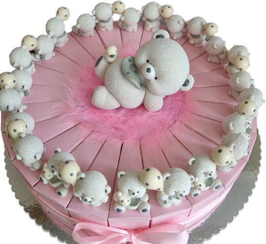 traktatie taart 24 doosjes roze met beertjes en spaarpot voor geboortefeest of babyshower uitdeel bedankje — afbeelding 2