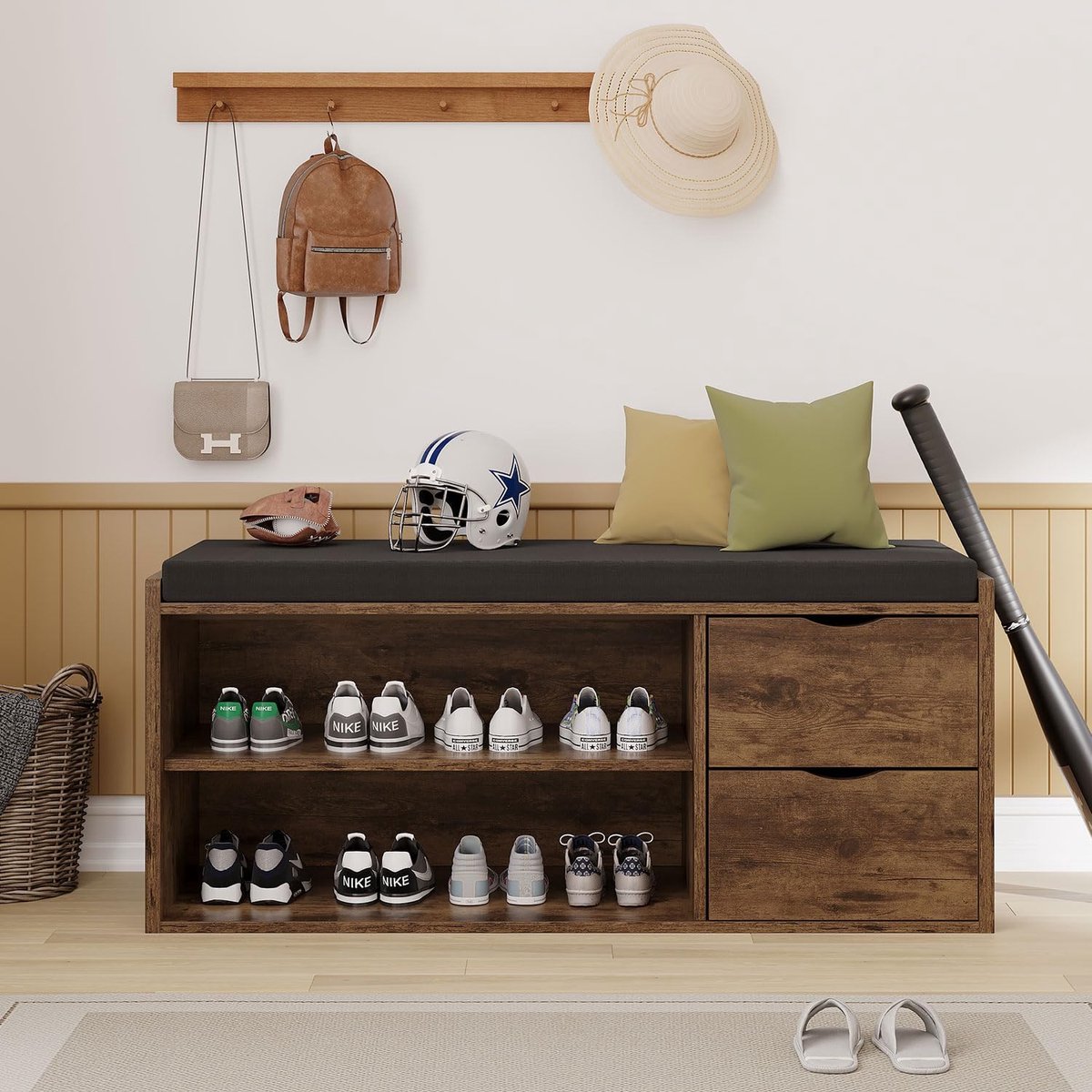 Schoenenbank met Opbergruimte en Zitkussen 101 x 45 x 34 cm – Schoenenkast met Lade, Opbergbank voor Hal, Entree, Woonkamer en Slaapkamer, Verstelbare Planken, Belastbaar tot 150 kg, Vintage Bruin Zwart – Mobili Bella