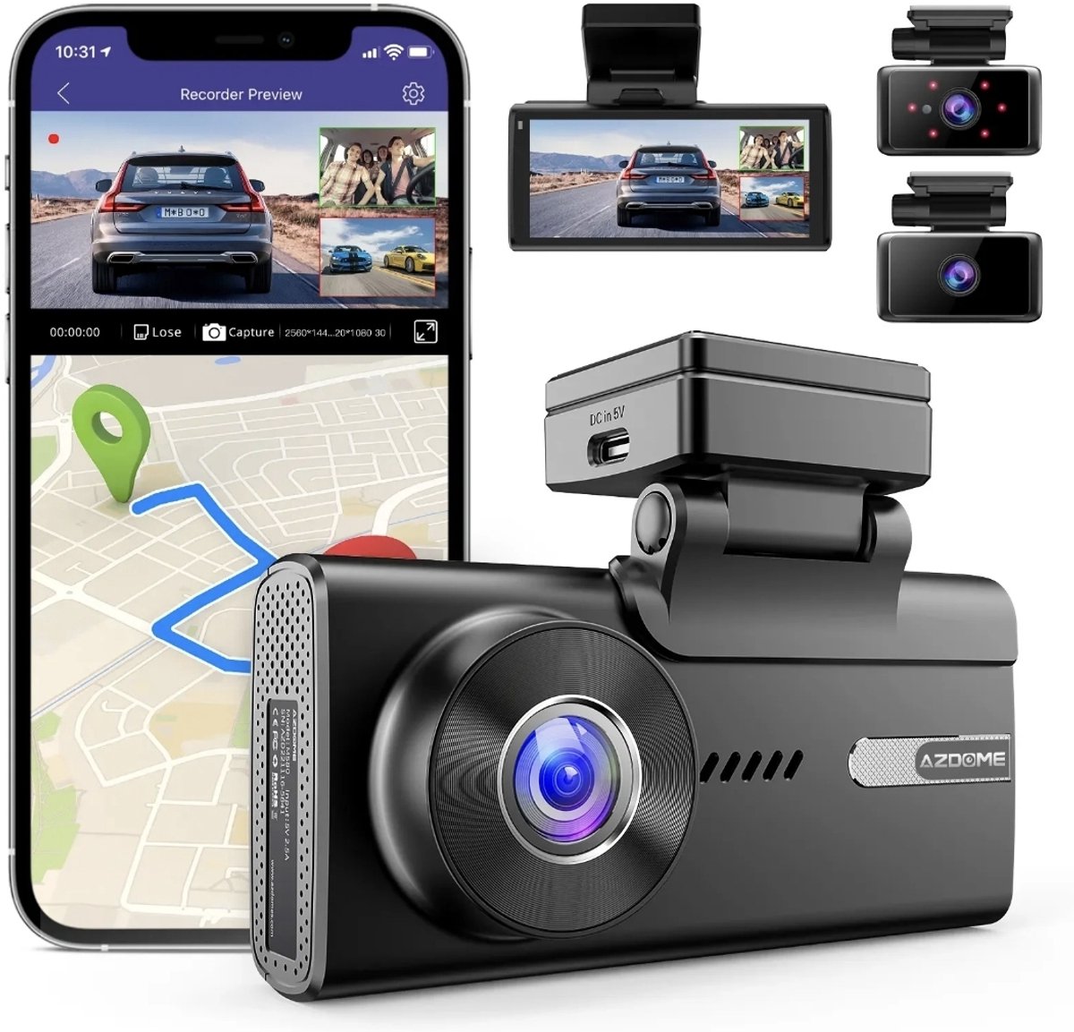 Bol.com AZDome Dashcam M580 Pro 5K 3CH Wifi Auto Video Recorder 64gb + Interieur en Achter Camera Zwart aanbieding