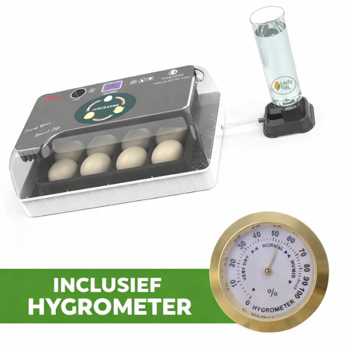LayZyEgg® Automatische Broedmachine 12 Kippeneieren / 35 Kwarteleieren | Inclusief Goudkleurige Analoge Hygrometer | Automatisch Keersysteem | Schouwlamp | Extern Waterreservoir | Eierbroedmachine Incubator